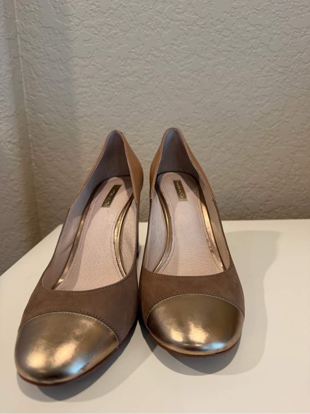 Louise et Cie Taupe Suede Pumps with Metallic Gold Cap Toe